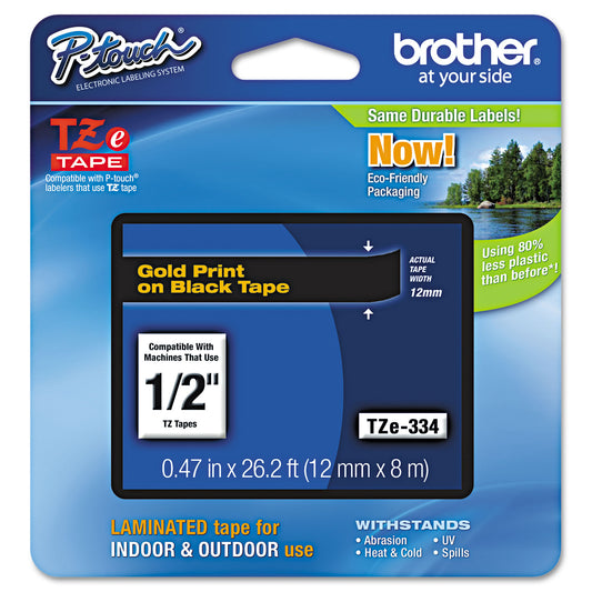 Brother TZe Standard Adhesive Laminated Labeling Tape, 0.47" x 26.2 ft, Gold on Black (TZE334)