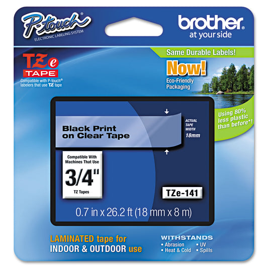 Brother TZe Standard Adhesive Laminated Labeling Tape, 0.7" x 26.2 ft, Black on Clear (TZE141)