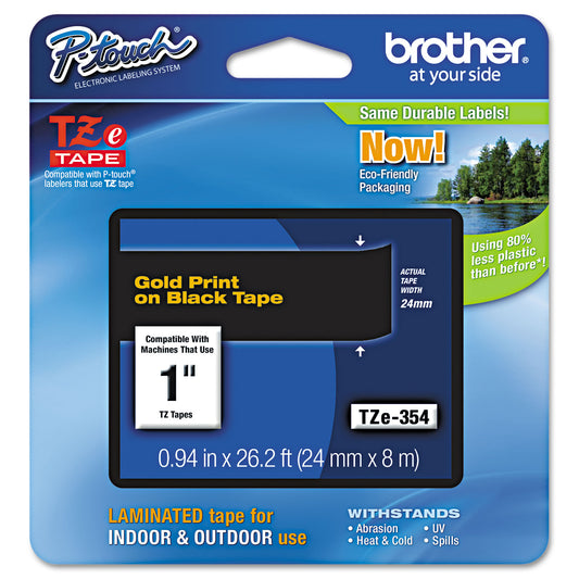 Brother TZe Standard Adhesive Laminated Labeling Tape, 0.94" x 26.2 ft, Gold on Black (TZE354)