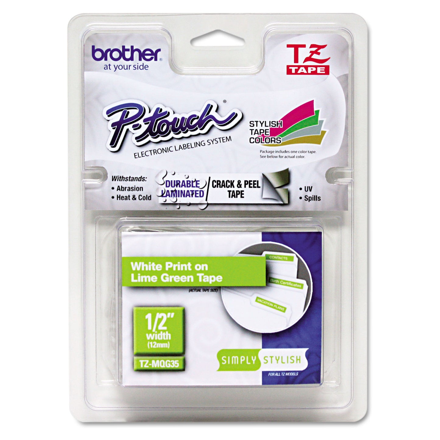 Brother TZ Standard Adhesive Laminated Labeling Tape, 0.47" x 16.4 ft, White/Lime Green (TZEMQG35)