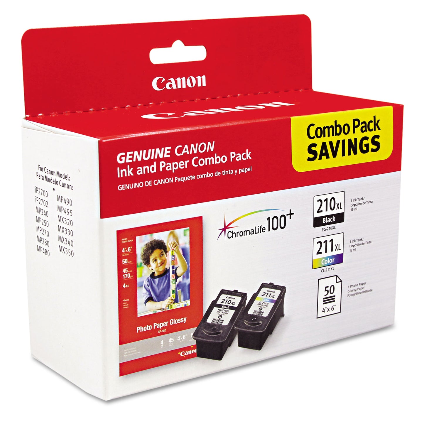 Canon 2973B004 (PGI-210XL/CL-211XL) ChromaLife100+ High-Yield Ink/Paper Combo, Black/Tri-Color