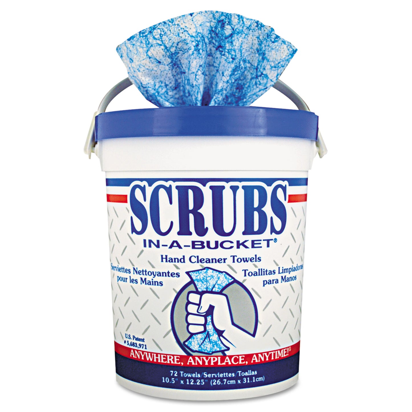 SCRUBS Hand Cleaner Towels, Cloth, 10 x 12, Citrus, Blue/White, 72/Bucket (42272EA)