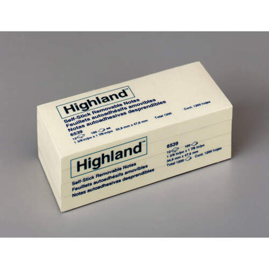 Highland Self-Stick Notes, 1.38" x 1.88", Yellow, 100 Sheets/Pad, 12 Pads/Pack (6539YW)