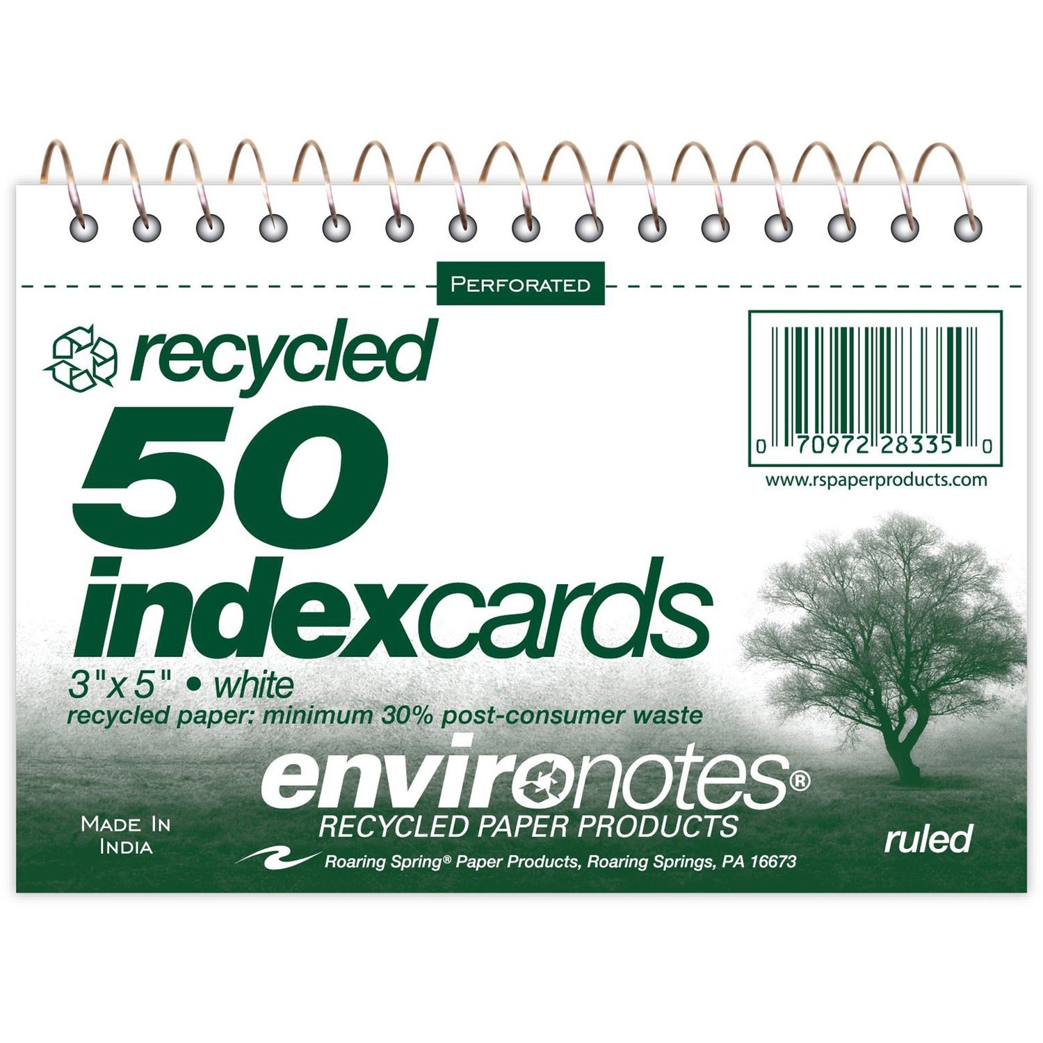 Roaring Spring Environotes Ruled Lined Perforated Spiralbound Recycled Index Cards (28335)