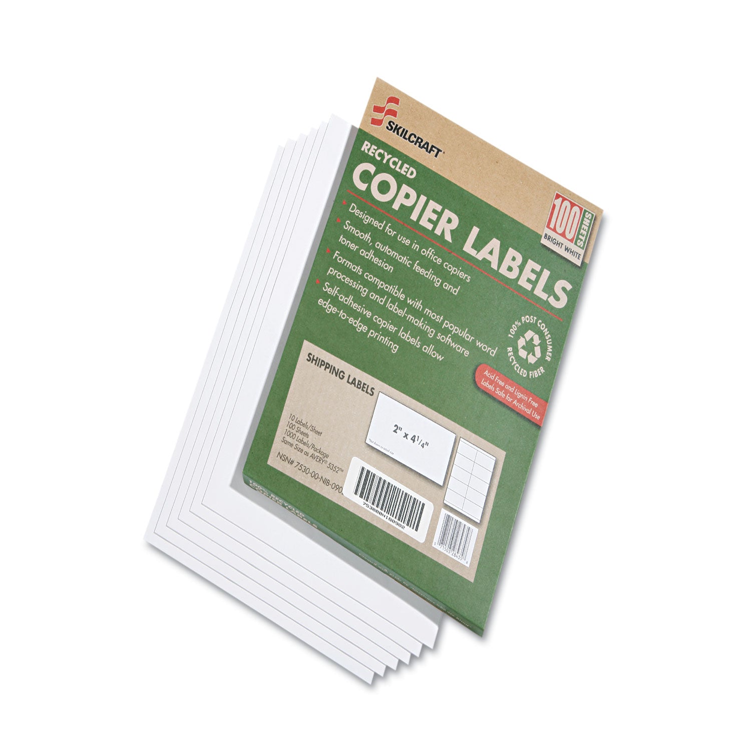 AbilityOne 7530015872621, SKILCRAFT Recycled Copier Labels, Copiers, 2 x 4.25, White, 10/Sheet, 100 Sheets/Box