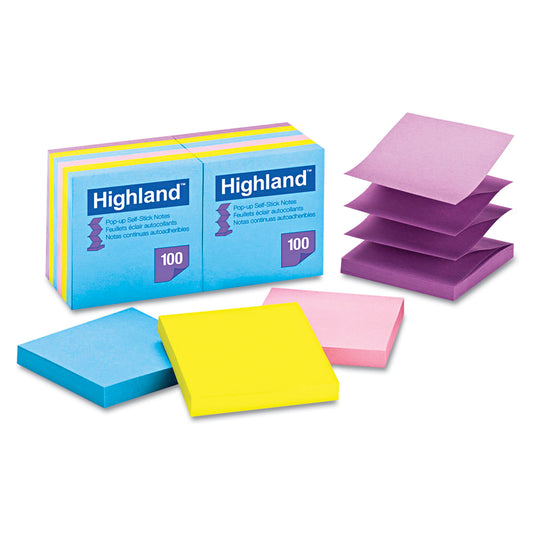 Highland Self-Stick Pop-up Notes, 3" x 3", Assorted Bright Colors, 100 Sheets/Pad, 12 Pads/Pack (6549PUB)