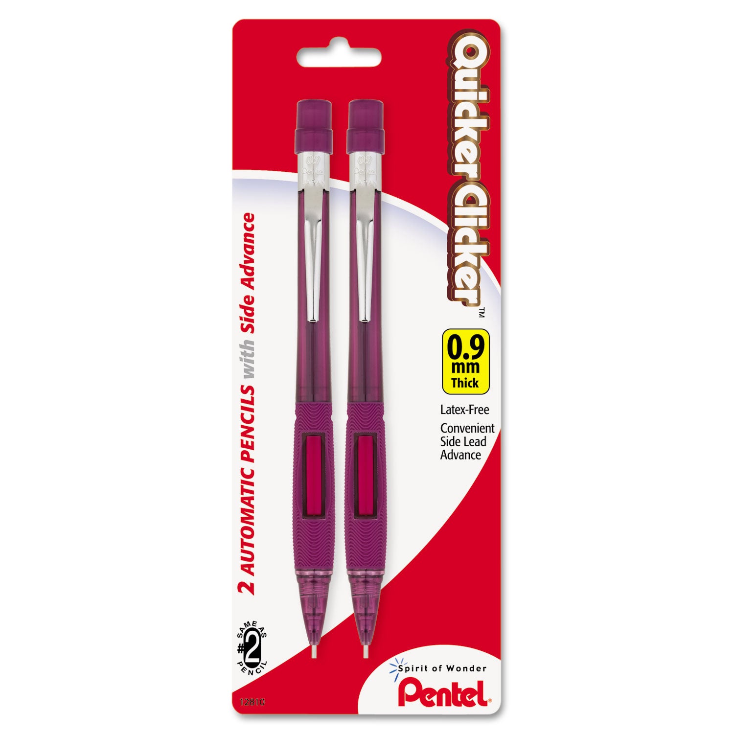 Pentel Quicker Clicker Mechanical Pencil, 0.9 mm, HB (#2), Black Lead, Burgundy Barrel, 2/Pack (PD349BP2K6)