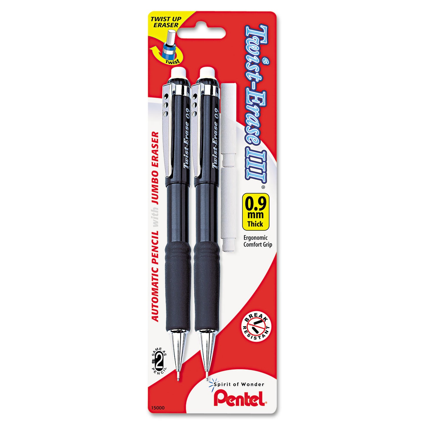 Pentel Twist-Erase III Mechanical Pencil, 0.9 mm, HB (#2), Black Lead, Assorted Barrel Colors, 2/Pack (QE519BP2K6)