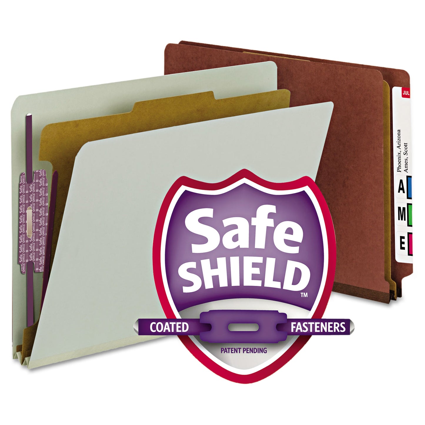 Smead End Tab Pressboard Classification Folders, Four SafeSHIELD Fasteners, 2" Expansion, 1 Divider, Letter Size, Red, 10/Box (26855)