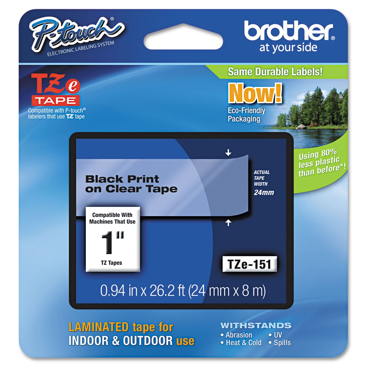 Brother TZe Standard Adhesive Laminated Labeling Tape, 0.94" x 26.2 ft, Black on Clear (TZE151)