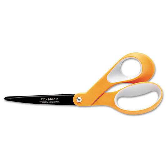 Fiskars Premier Non-Stick Titanium Softgrip Scissors, 8" Long, 3.1" Cut Length, Offset Orange/Gray Handle (1539001006)