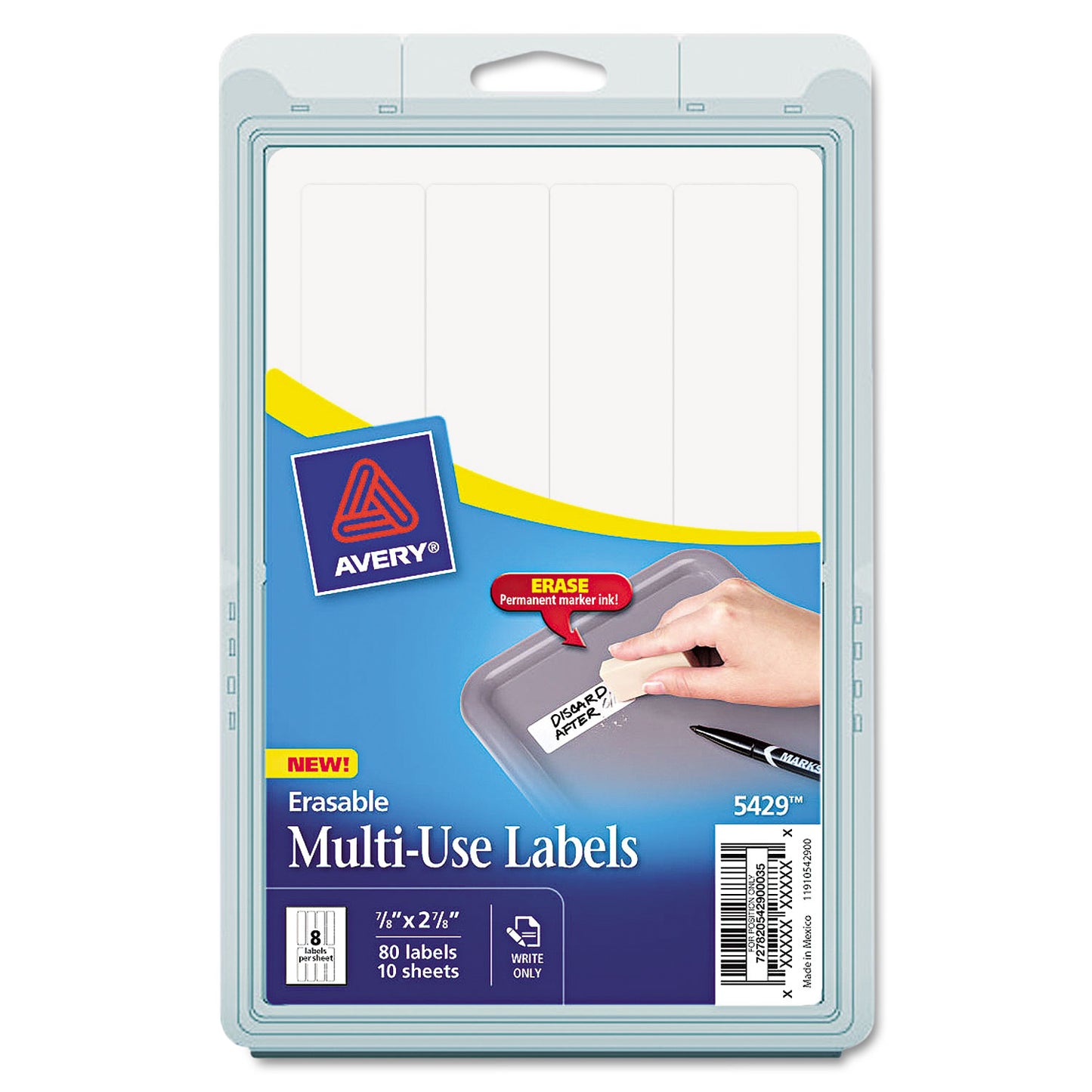 Avery Erasable ID Labels, Inkjet/Laser Printers, 0.88 x 2.88, White, 8/Sheet, 10 Sheets/Pack (5429)