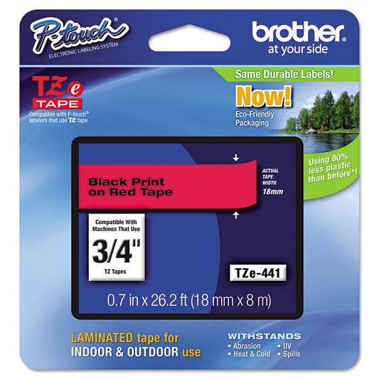 Brother TZe Standard Adhesive Laminated Labeling Tape, 0.7" x 26.2 ft, Black on Red (TZE441)