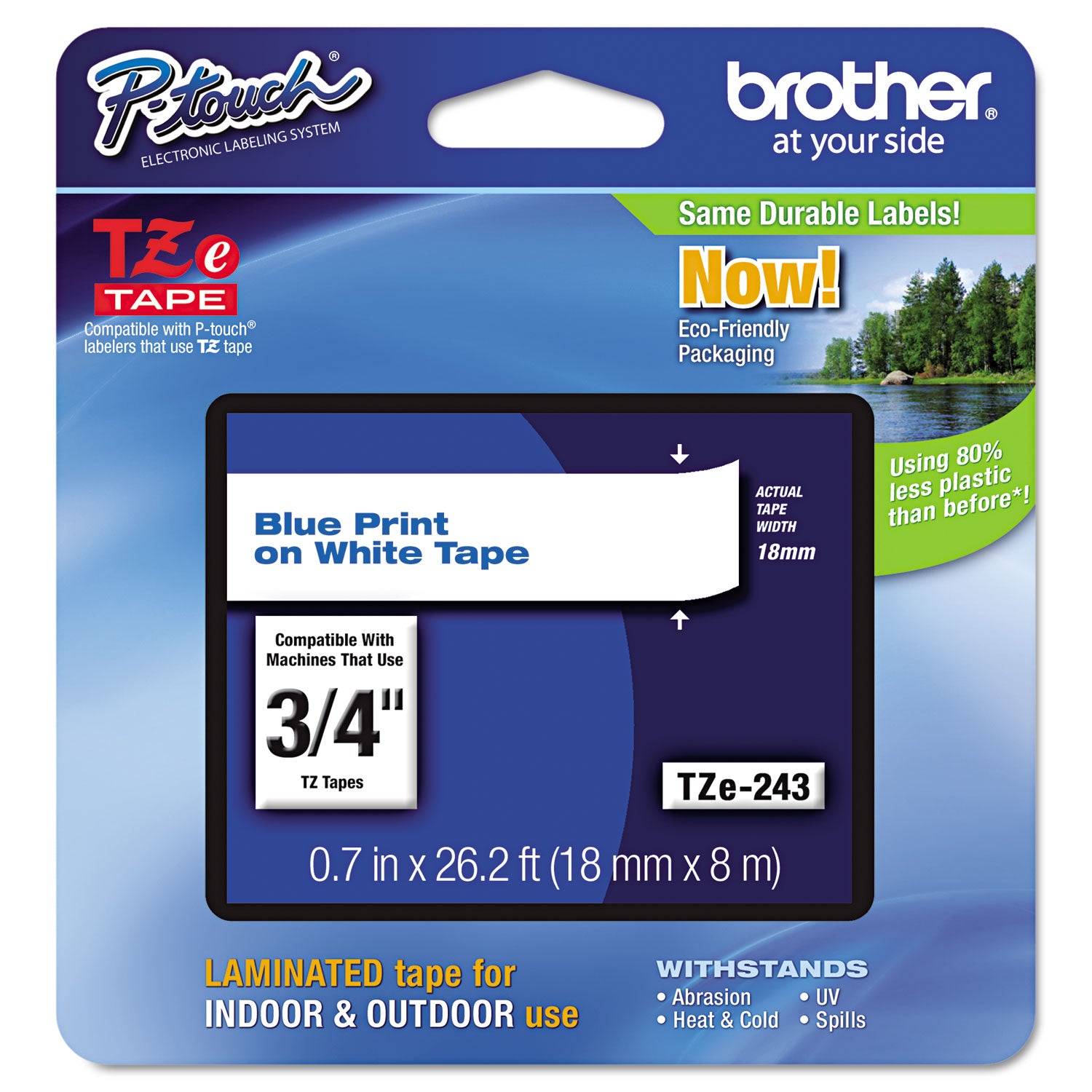 Brother TZe Standard Adhesive Laminated Labeling Tape, 0.7" x 26.2 ft, Blue on White (TZE243)