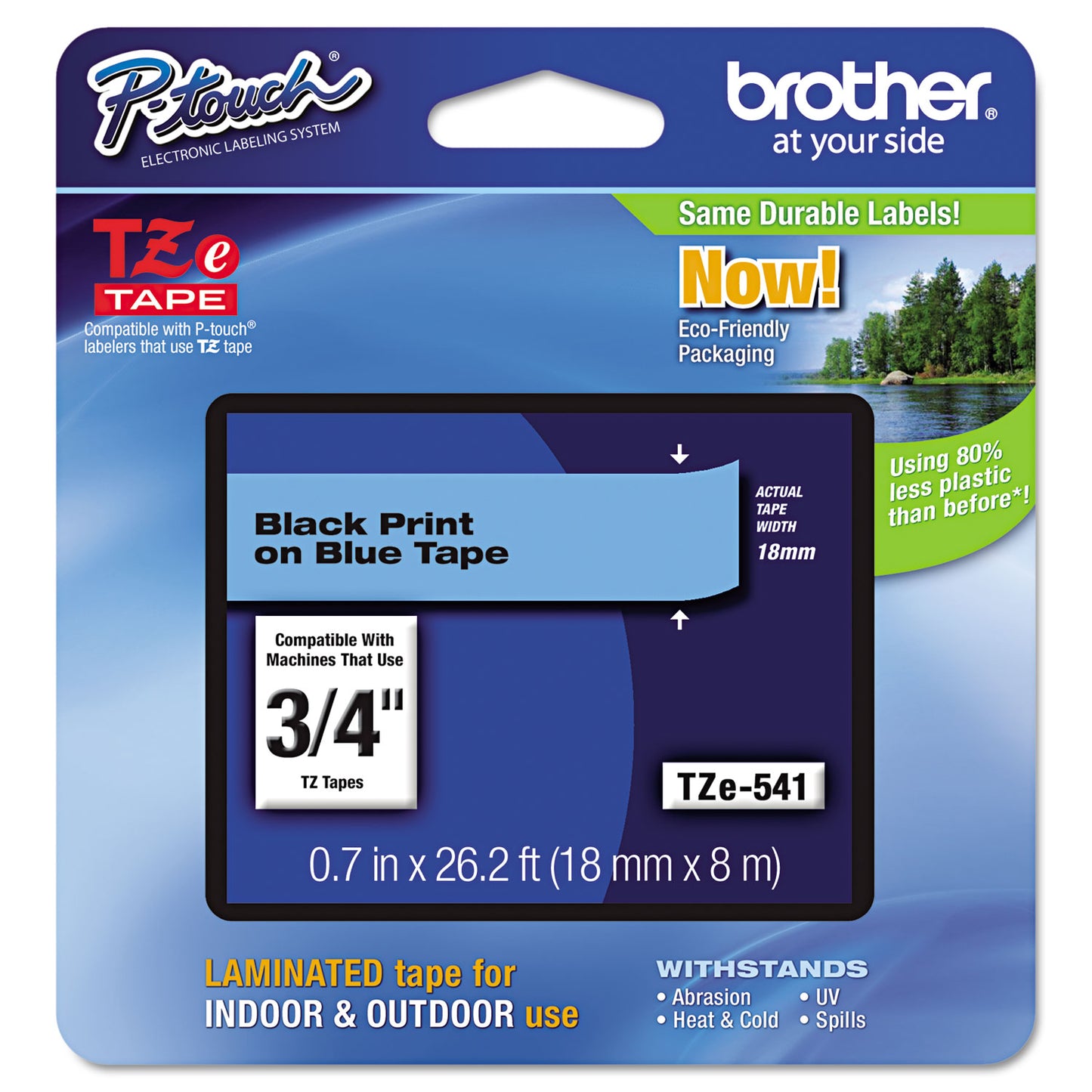 Brother TZe Standard Adhesive Laminated Labeling Tape, 0.7" x 26.2 ft, Black on Blue (TZE541)