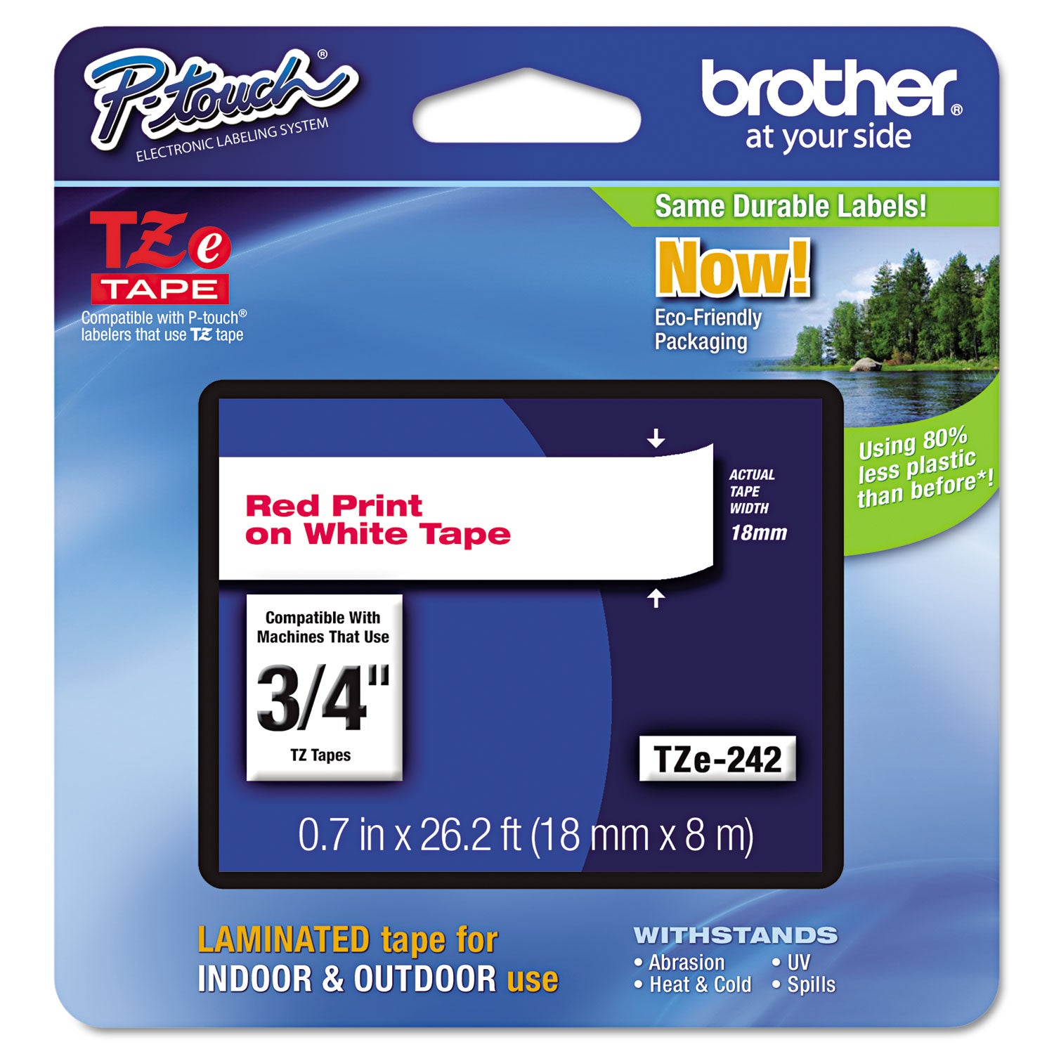 Brother TZe Standard Adhesive Laminated Labeling Tape, 0.7" x 26.2 ft, Red on White (TZE242)