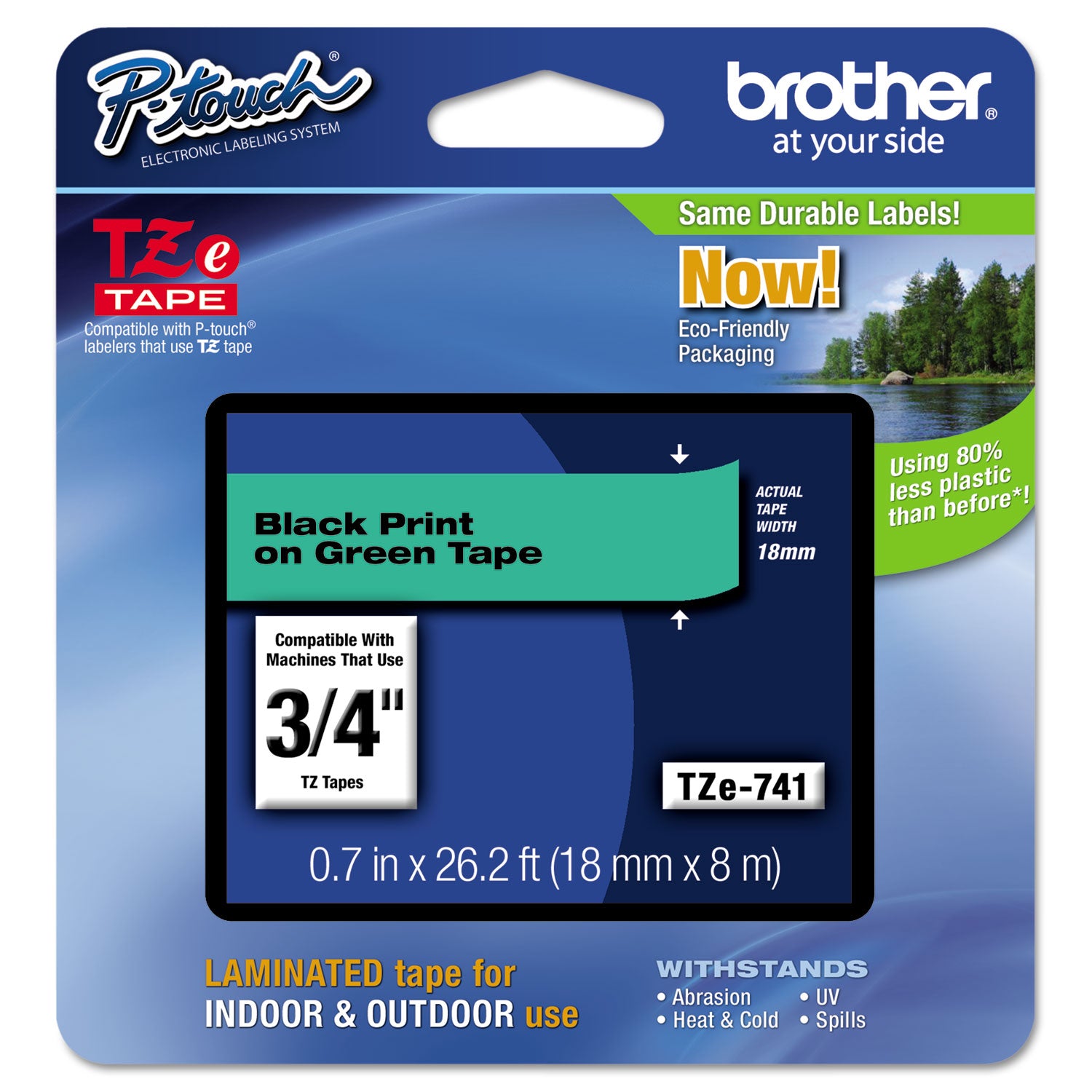 Brother TZe Standard Adhesive Laminated Labeling Tape, 0.7" x 26.2 ft, Black on Green (TZE741)