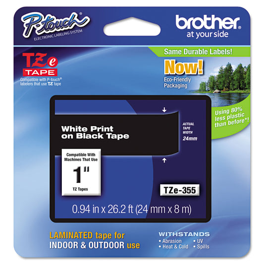 Brother TZe Standard Adhesive Laminated Labeling Tape, 0.94" x 26.2 ft, White on Black (TZE355)