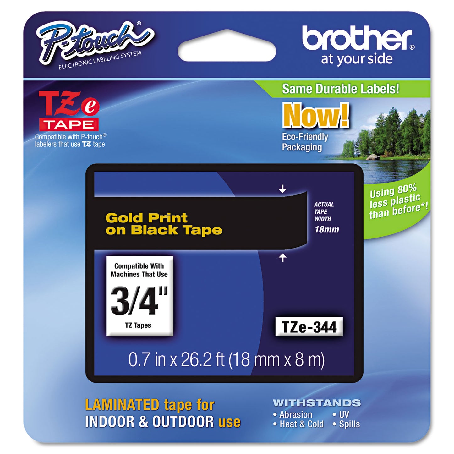 Brother TZe Standard Adhesive Laminated Labeling Tape, 0.7" x 26.2 ft, Gold on Black (TZE344)