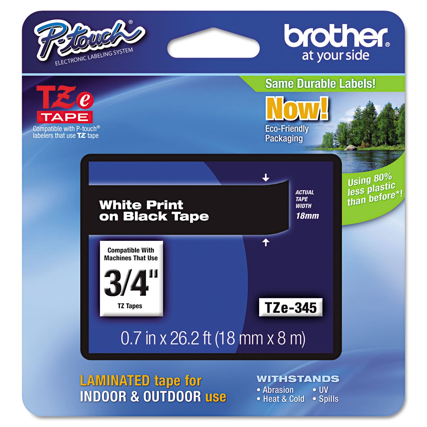 Brother TZe Standard Adhesive Laminated Labeling Tape, 0.7" x 26.2 ft, White on Black (TZE345)