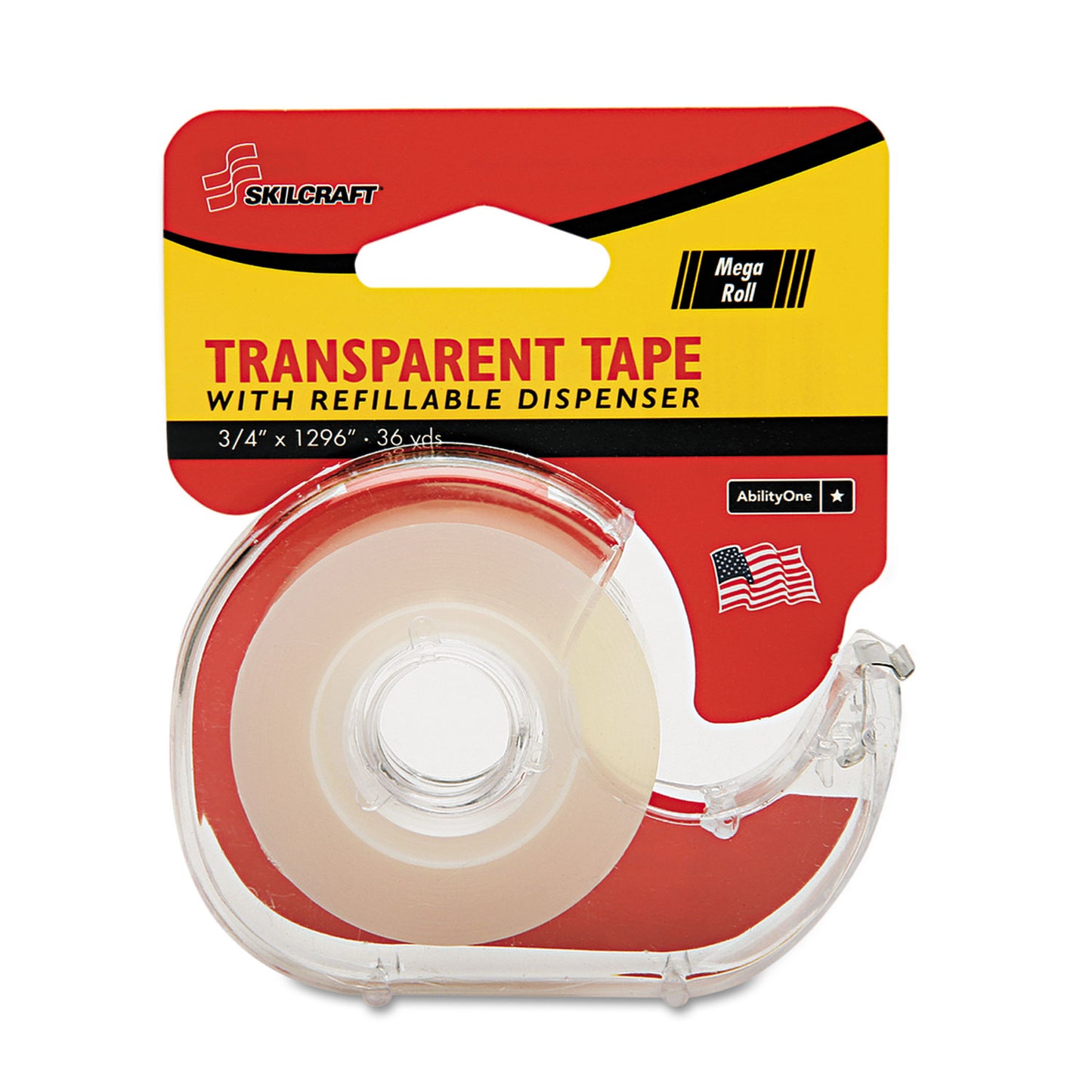 AbilityOne 7520015167576, SKILCRAFT Tape with Dispenser, 1" Core, 0.75" x 36 yds, Glossy Clear