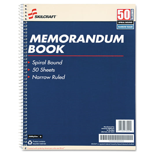 AbilityOne 7530002866952, SKILCRAFT Spiralbound Memorandum Book, Medium/College Rule, Blue/White Cover, (50) 11 x 8.5 Sheets, 12/Pack