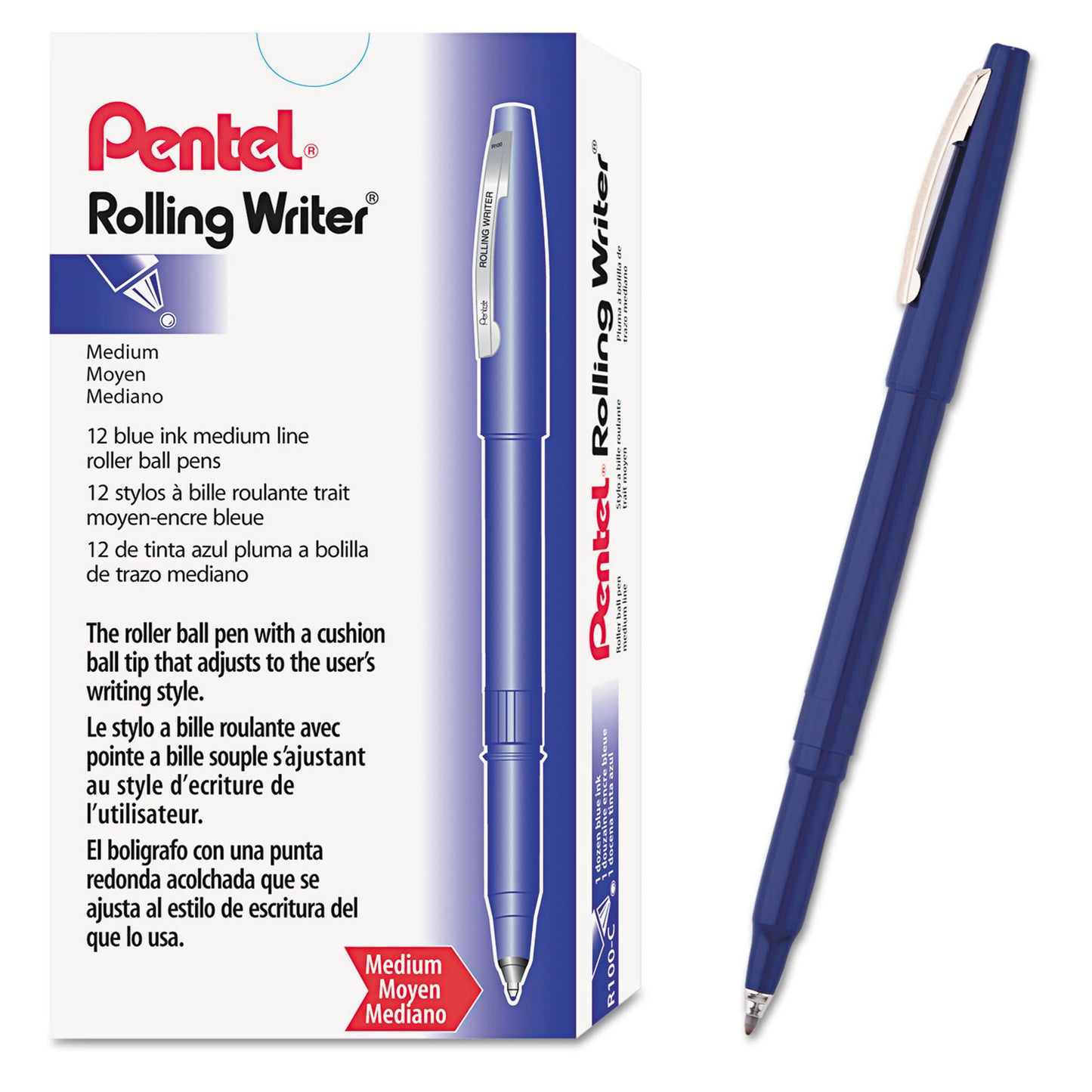 Pentel Rolling Writer Roller Ball Pen, Stick, Medium 0.8 mm, Blue Ink, Blue Barrel, Dozen (R100C)