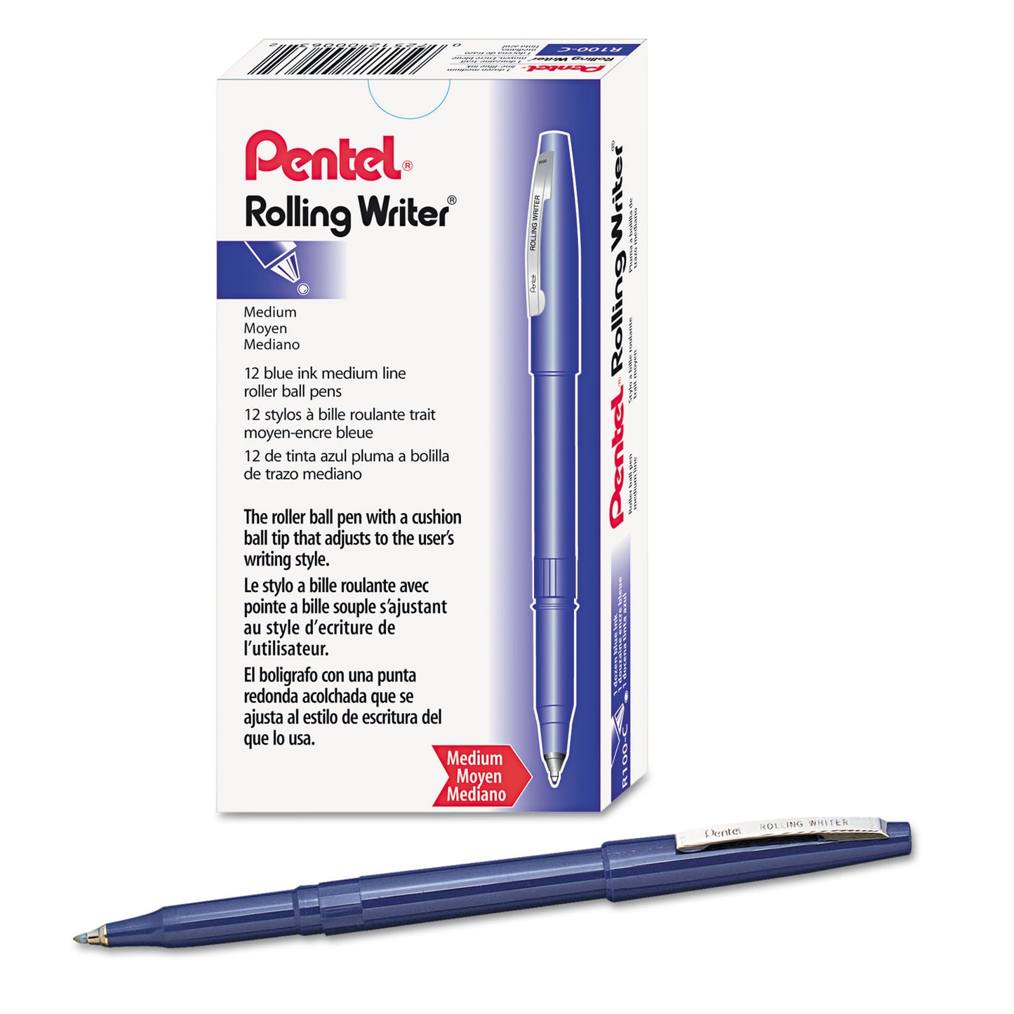 Pentel Rolling Writer Roller Ball Pen, Stick, Medium 0.8 mm, Blue Ink, Blue Barrel, Dozen (R100C)