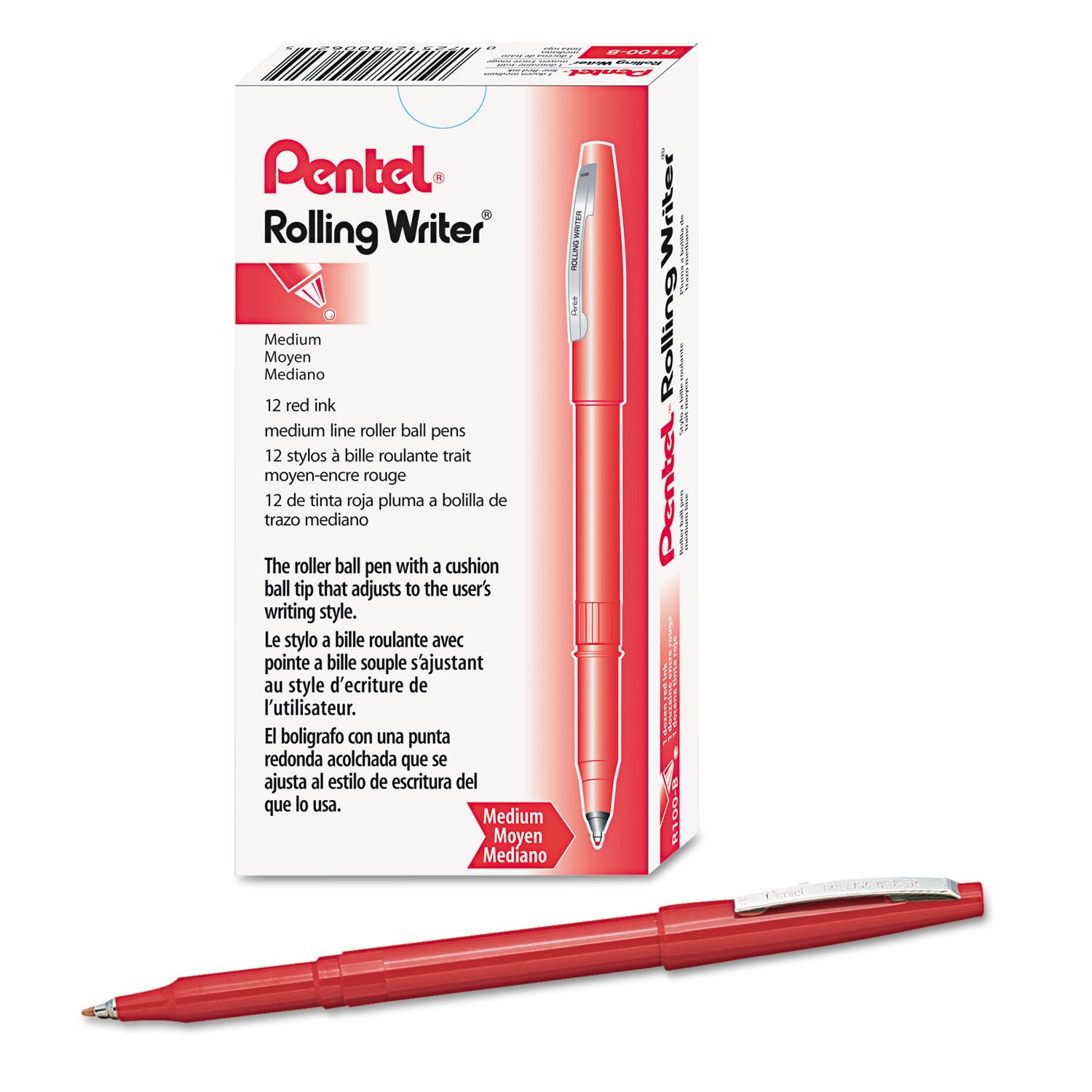 Pentel Rolling Writer Roller Ball Pen, Stick, Medium 0.8 mm, Red Ink, Red Barrel, Dozen (R100B)