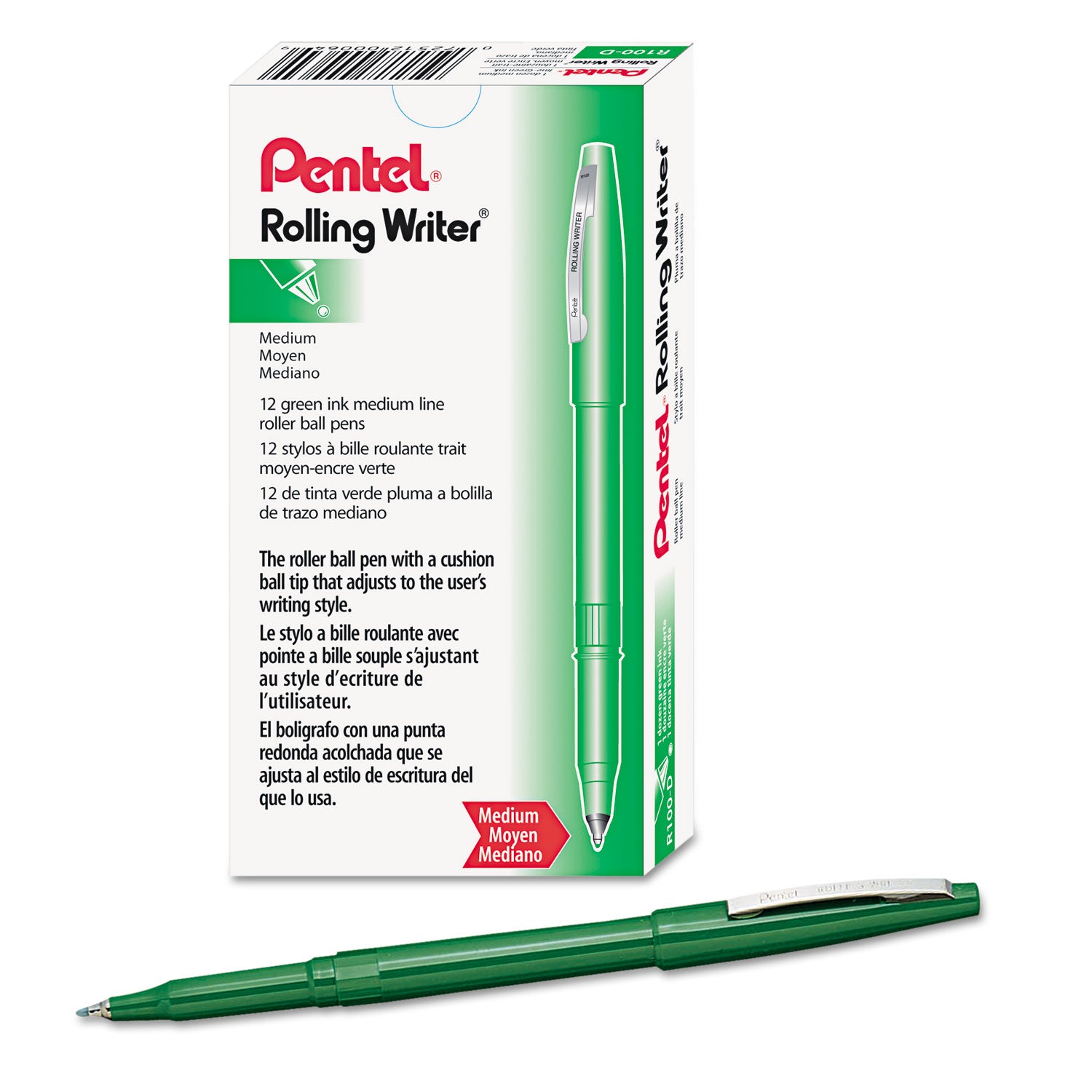 Pentel Rolling Writer Roller Ball Pen, Stick, Medium 0.8 mm, Green Ink, Green Barrel, Dozen (R100D)