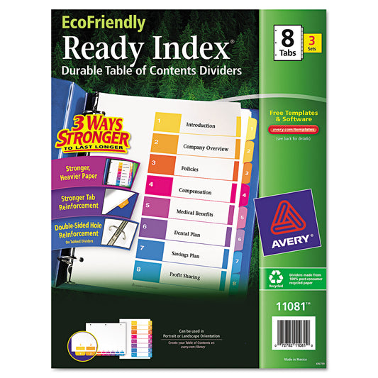 Avery Customizable Table of Contents Ready Index Dividers with Multicolor Tabs, 8-Tab, 1 to 8, 11 x 8.5, White, 3 Sets (11081)