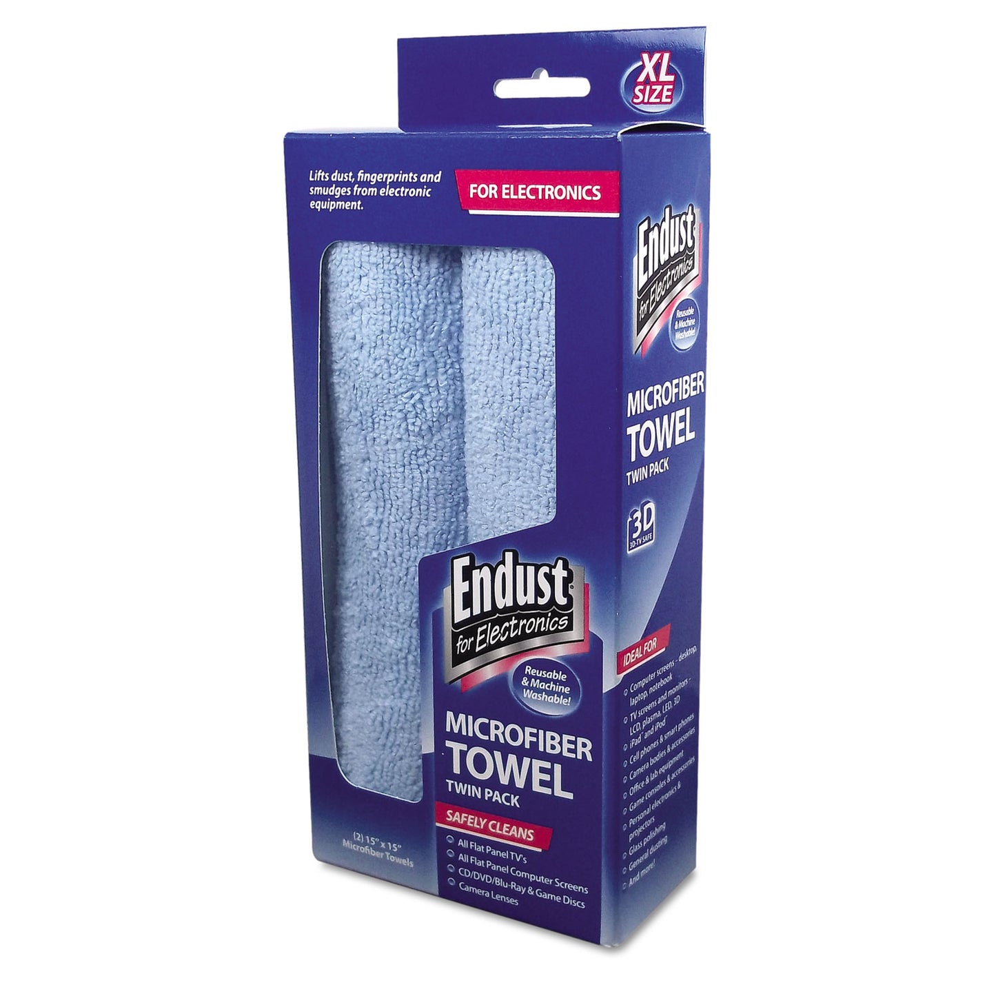 Endust Large-Sized Microfiber Towels Two-Pack, 15 x 15, Unscented, Blue, 2/Pack (11421)