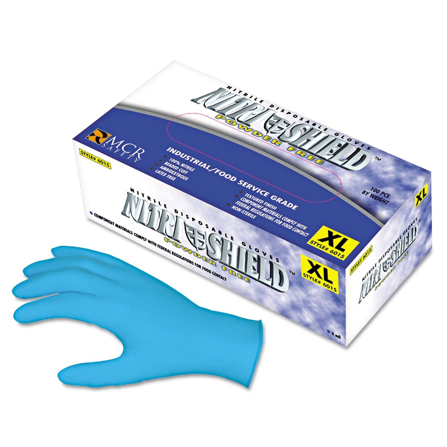 MCR Safety Disposable Nitrile Gloves, Large, 4 mil, Powder-Free, 100/Box (6015L)