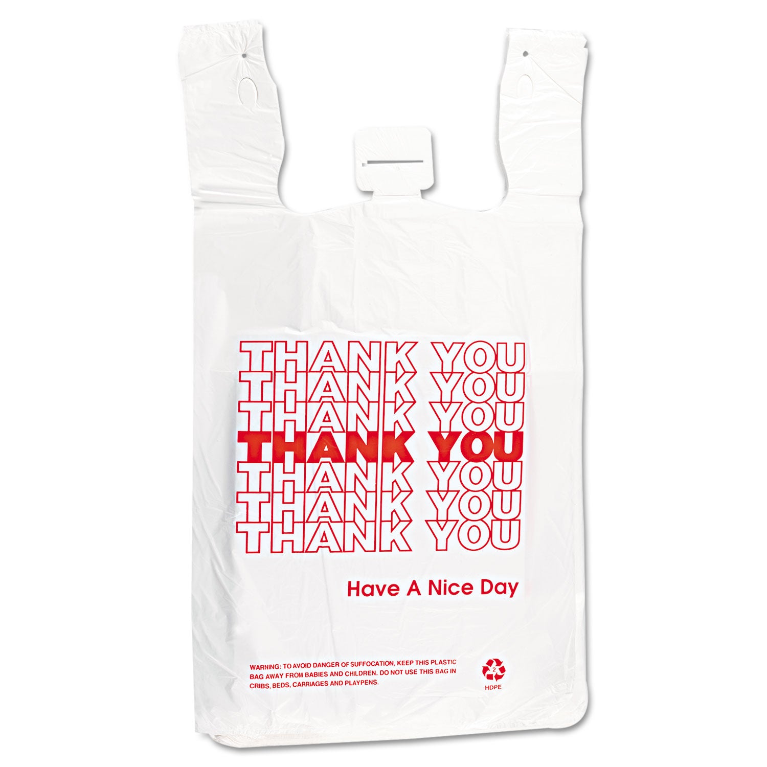 Inteplast Group HDPE T-Shirt Bags, Thank You - Have a Nice Day Labeling, Cut-Out Handles, 12" x 7" x 23", White/Red, 500/Carton (THW2VAL)