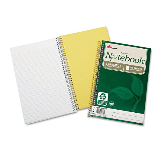 AbilityOne 7530016002020, SKILCRAFT Recycled Notebook, 3-Subject, Medium/College Rule, Green Cover, (150) 9.5 x 6 Sheets, 3/Pack