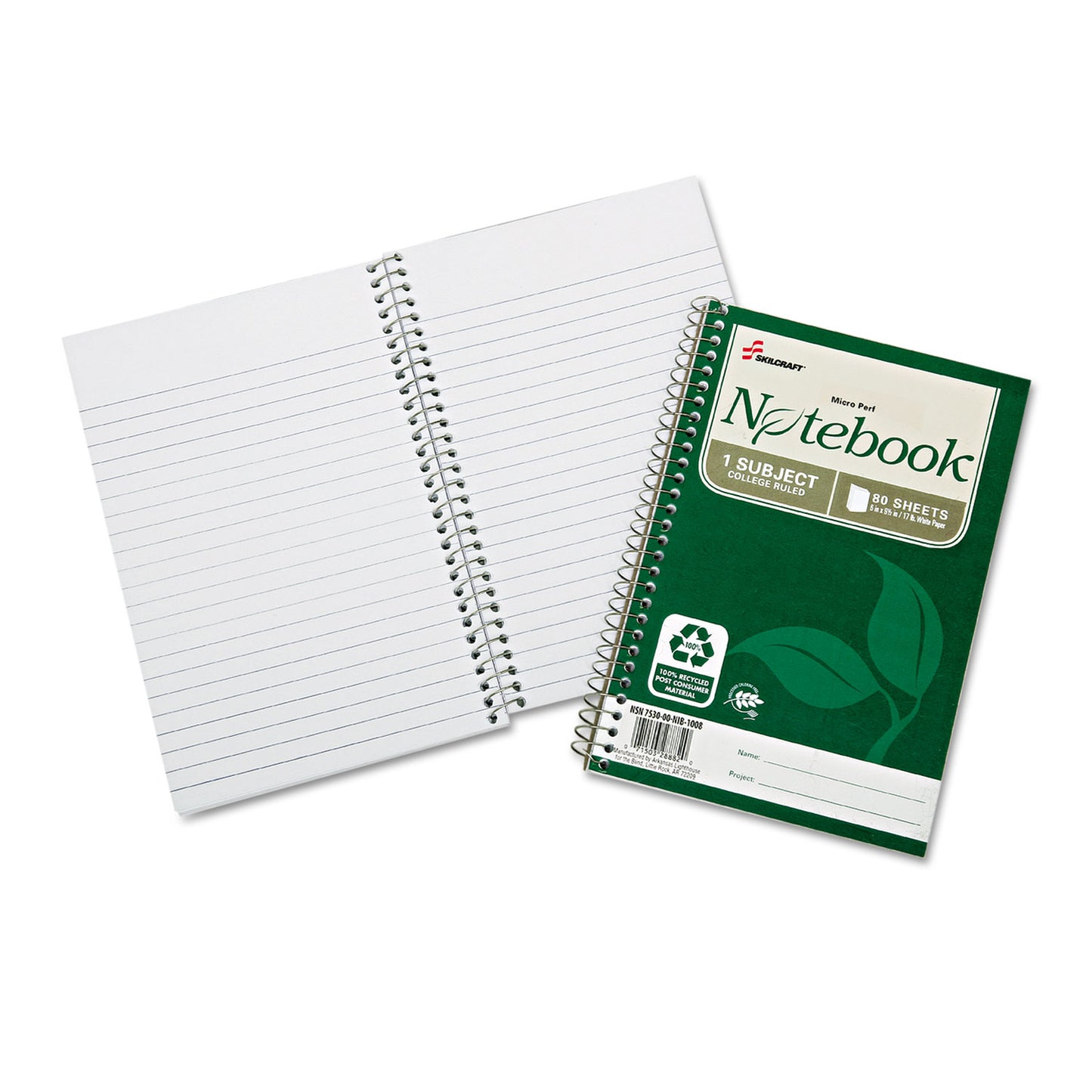 AbilityOne 7530016002017, SKILCRAFT Recycled Notebook, 1-Subject, Medium/College Rule, Green Cover, (80) 9.5 x 6 Sheets, 3/Pack