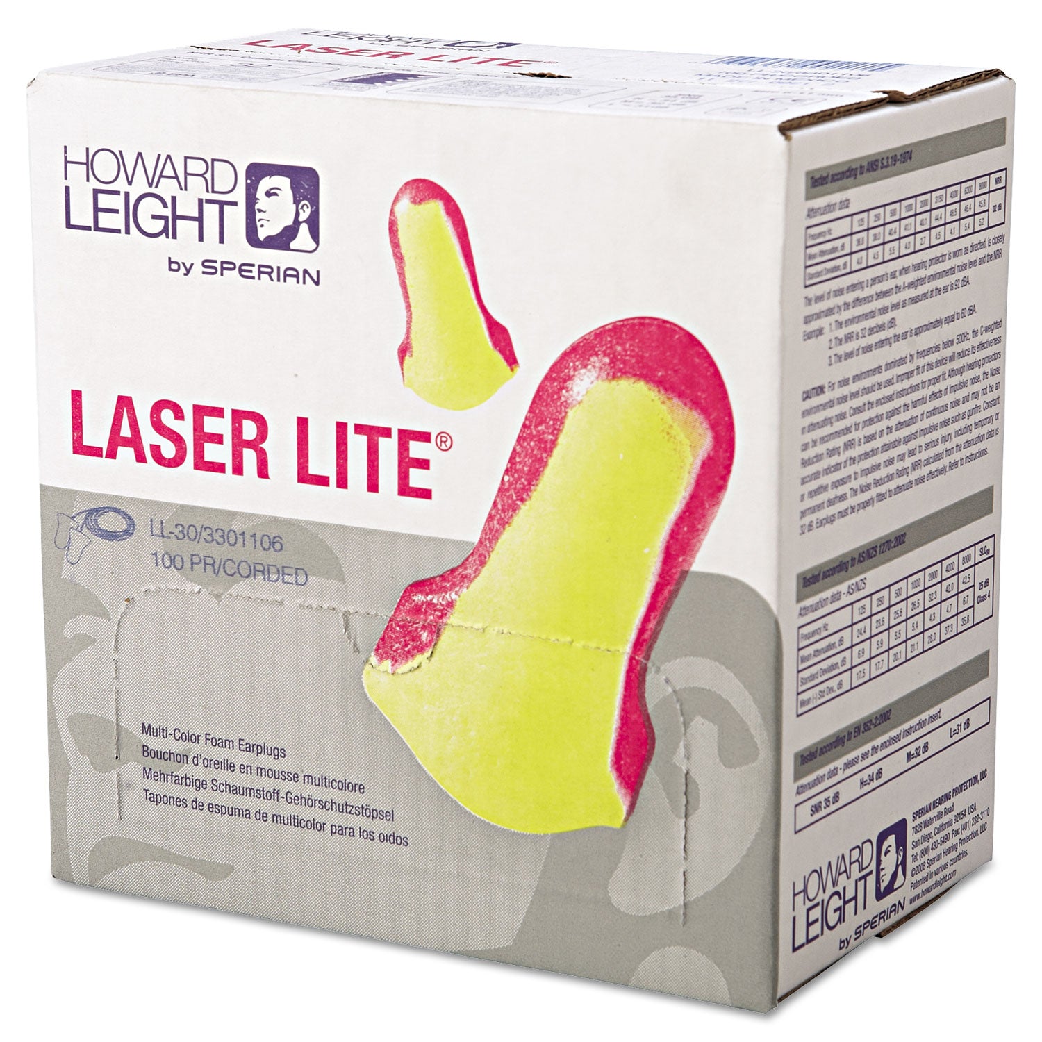 Howard Leight LL-30 Laser Lite Single-Use Earplugs, Corded, 32NRR, Magenta/Yellow, 100 Pairs