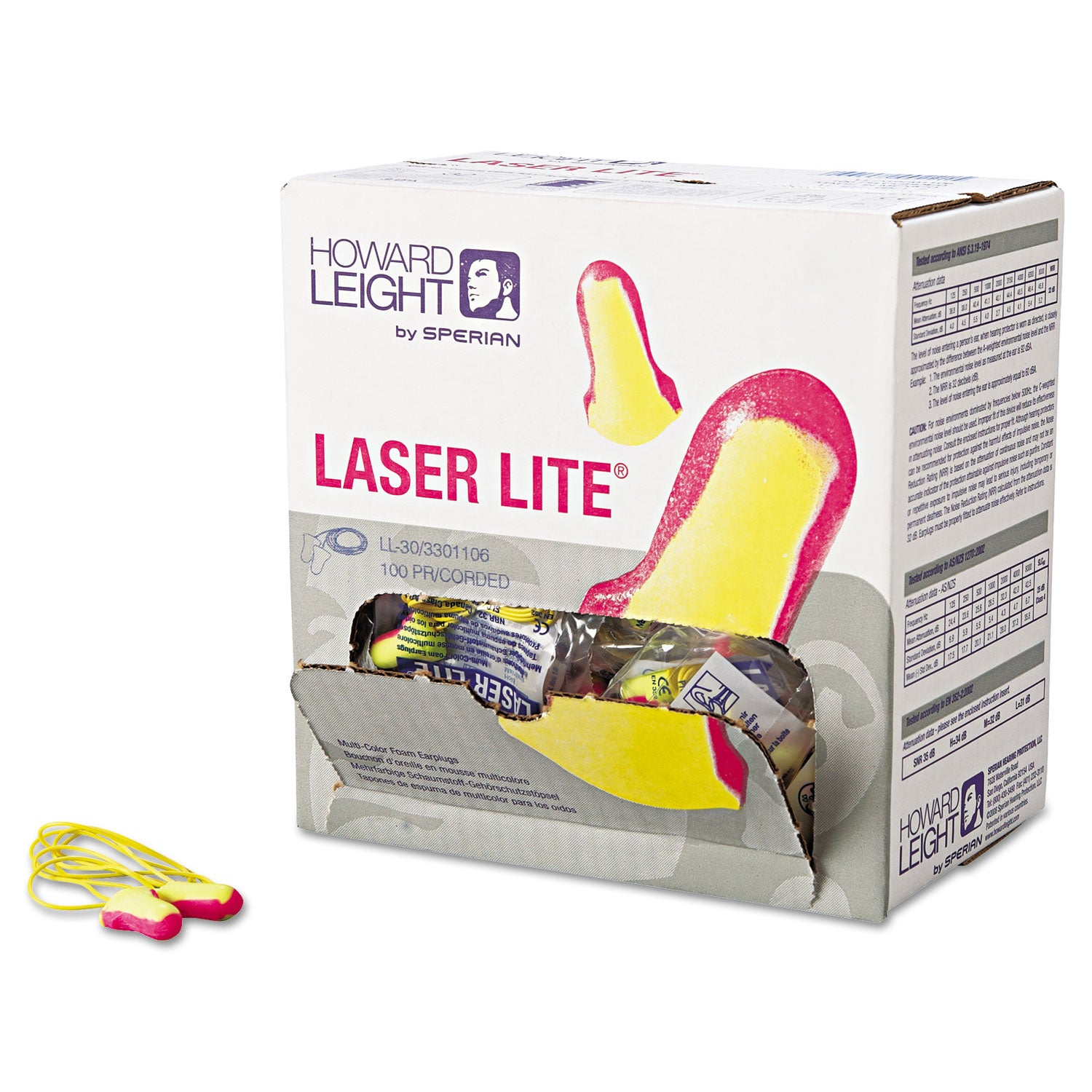 Howard Leight LL-30 Laser Lite Single-Use Earplugs, Corded, 32NRR, Magenta/Yellow, 100 Pairs