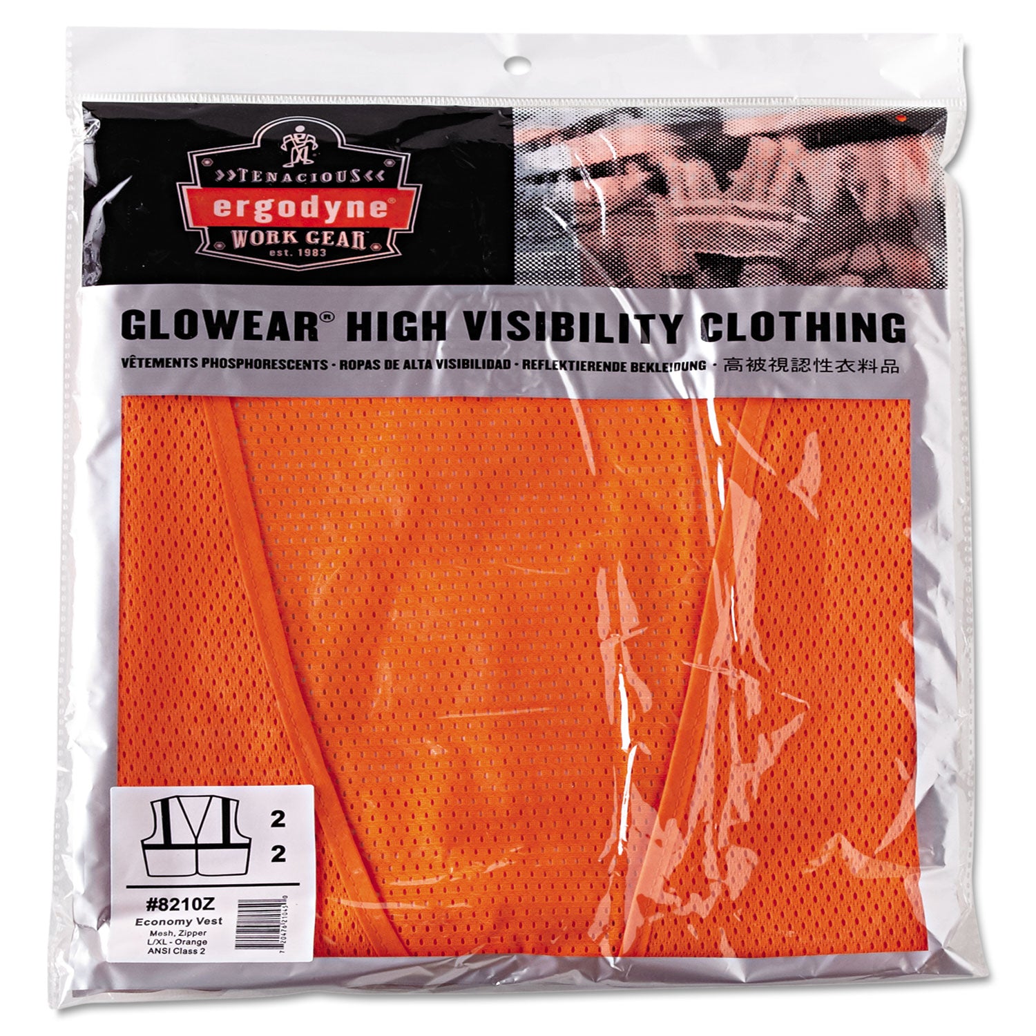 ergodyne GloWear 8210Z Class 2 Economy Vest, Polyester Mesh, Zipper Closure, Large to X-Large, Orange (21045)