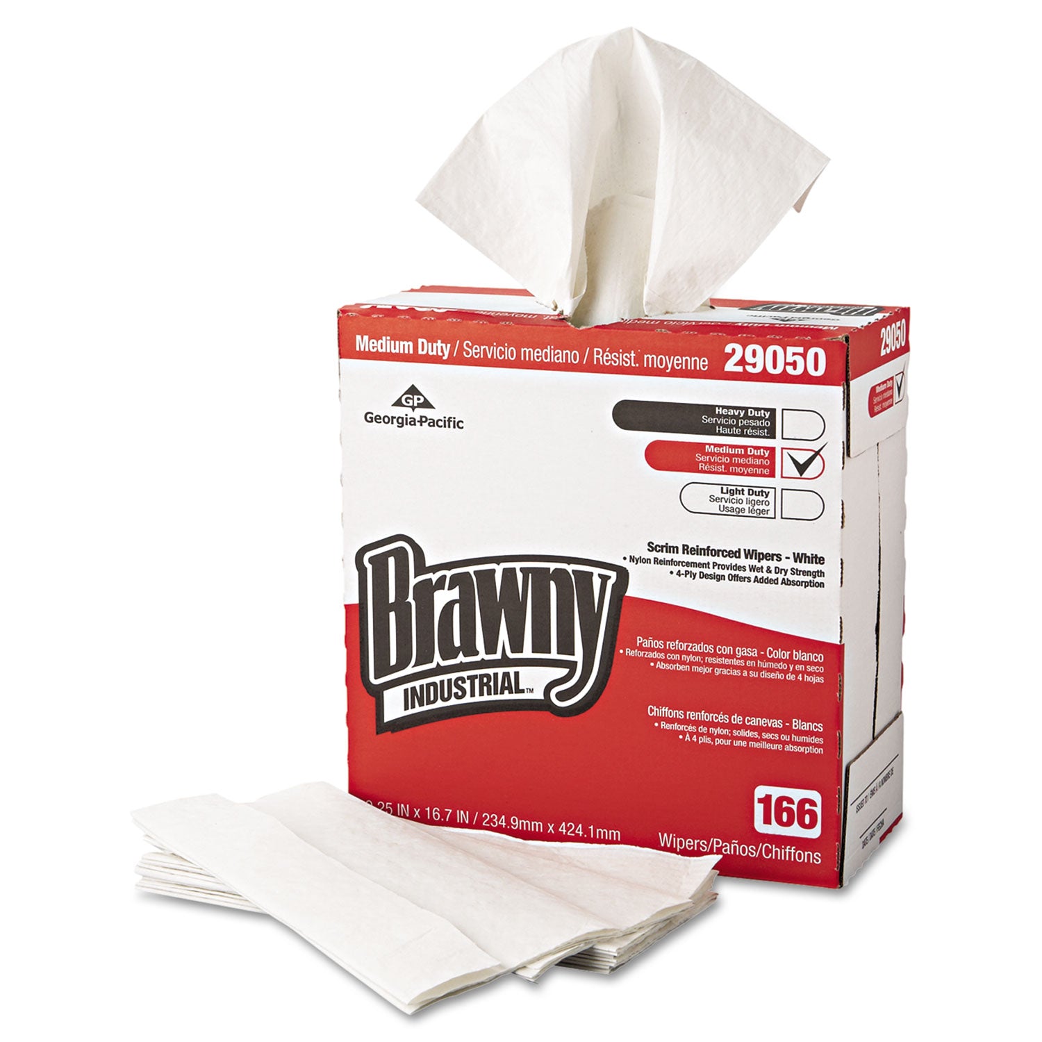 Brawny Medium Duty Scrim Reinforced Wipers, 4-Ply, 9.25 x 16.69, Unscented, White, 166/Box, 5 Boxes/Carton (2905003)