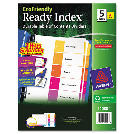 Avery Customizable Table of Contents Ready Index Dividers with Multicolor Tabs, 5-Tab, 1 to 5, 11 x 8.5, White, 3 Sets (11080)