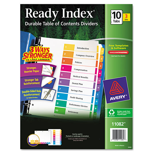 Avery Customizable Table of Contents Ready Index Dividers with Multicolor Tabs, 10-Tab, 1 to 10, 11 x 8.5, White, 3 Sets (11082)