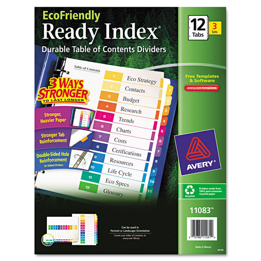 Avery Customizable Table of Contents Ready Index Dividers with Multicolor Tabs, 12-Tab, 1 to 12, 11 x 8.5, White, 3 Sets (11083)
