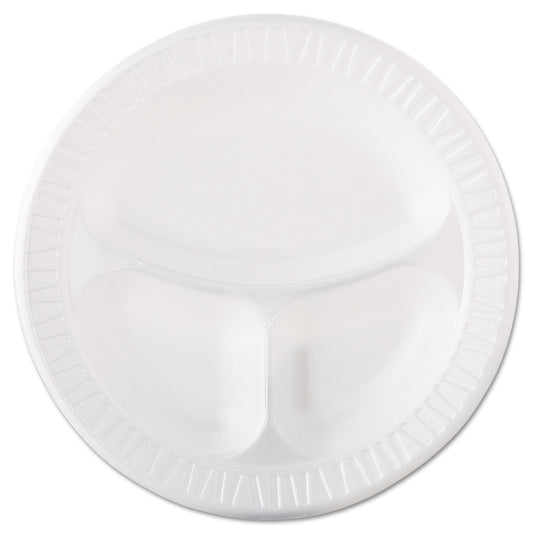 Dart Quiet Class Laminated Foam Dinnerware, 3-Compartment Plate, 10.25" dia, White, 125/Pack, 4 Packs/Carton (10CPWQR)