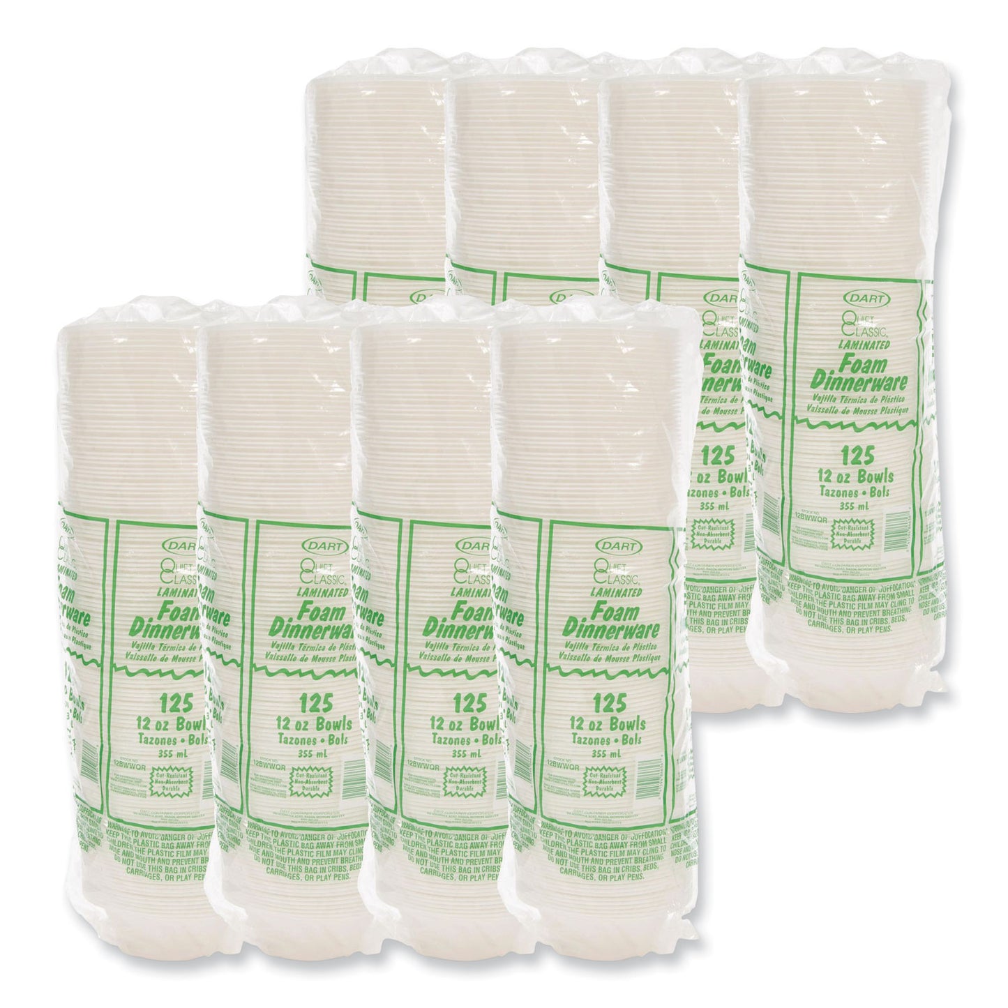 Dart Quiet Classic Laminated Foam Dinnerware Bowls, 10 to 12 oz, White, 125/Pack, 8 Packs/Carton (12BWWQR)