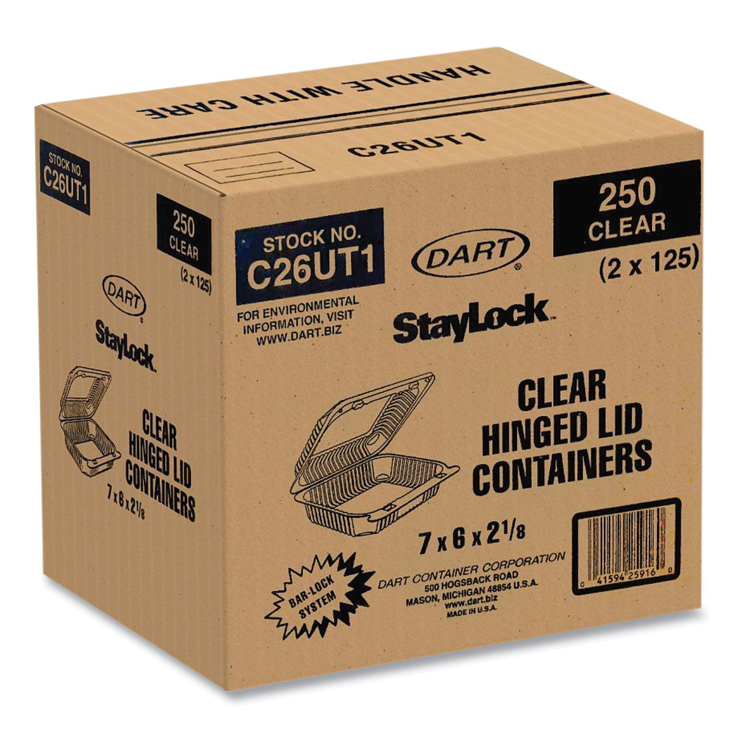 Dart StayLock Clear Hinged Lid Containers, 6 x 7 x 2.1, Clear, Plastic, 125/Packs, 2 Packs/Carton (C26UT1)