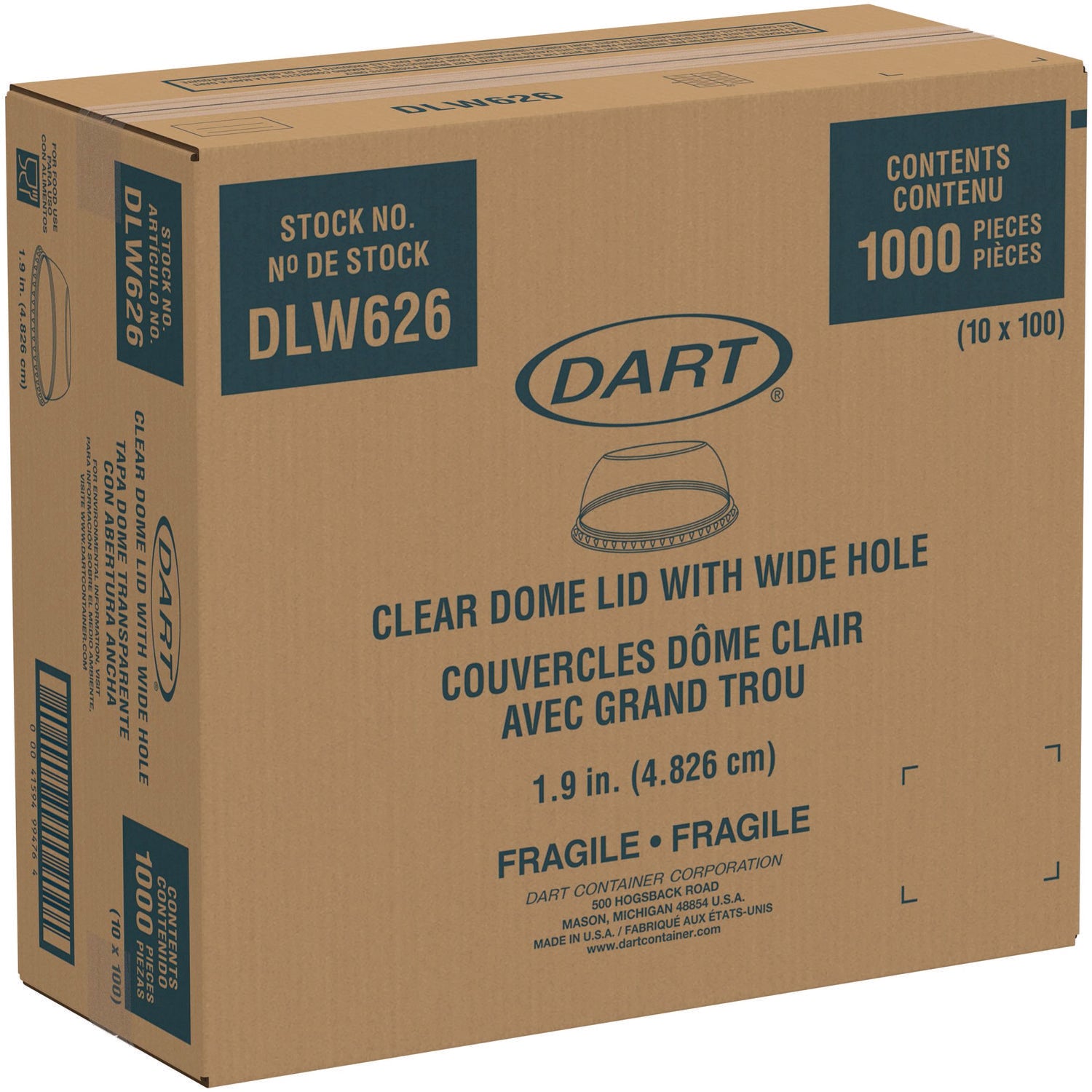 Dart Open-Top Dome Lid, Fits 16 oz to 24 oz Plastic Cups, Clear, 1.9" Dia Hole, 1,000/Carton (DLW626)