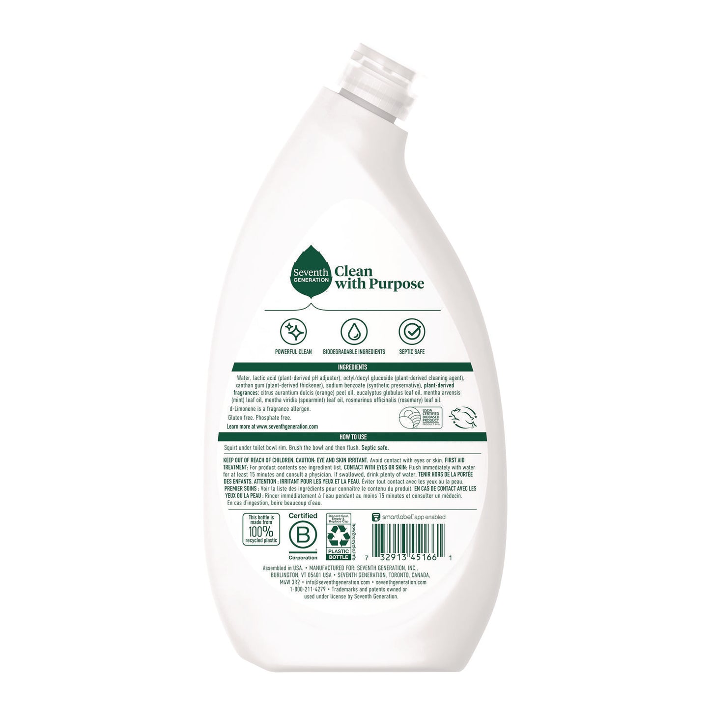 Seventh Generation Toilet Bowl Cleaner, Fresh Mint Scent, 24 oz Bottle, 4/Carton (45166CT)