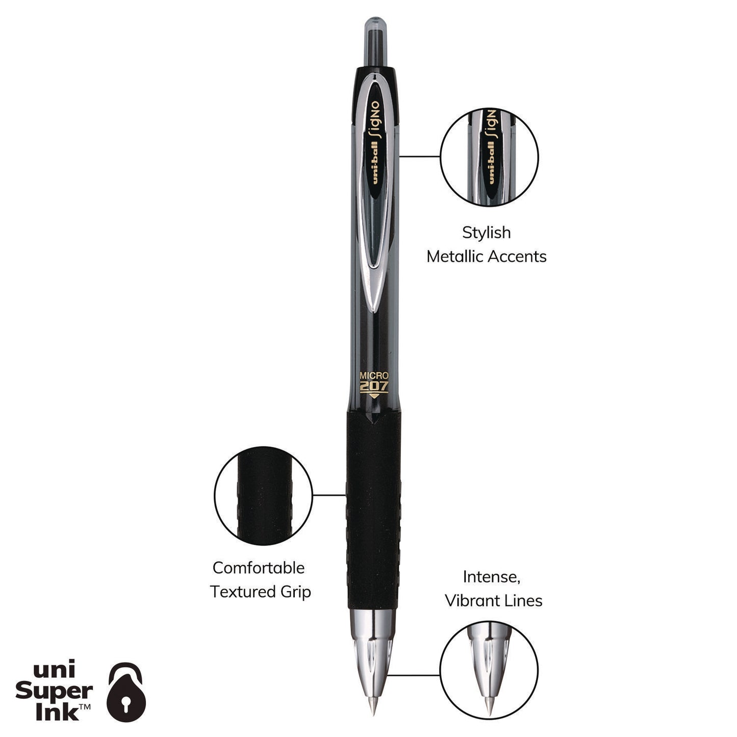 uni-ball Signo 207 Gel Pen, Retractable, Fine 0.5 mm, Black Ink, Smoke/Black Barrel, 4/Pack (61270)