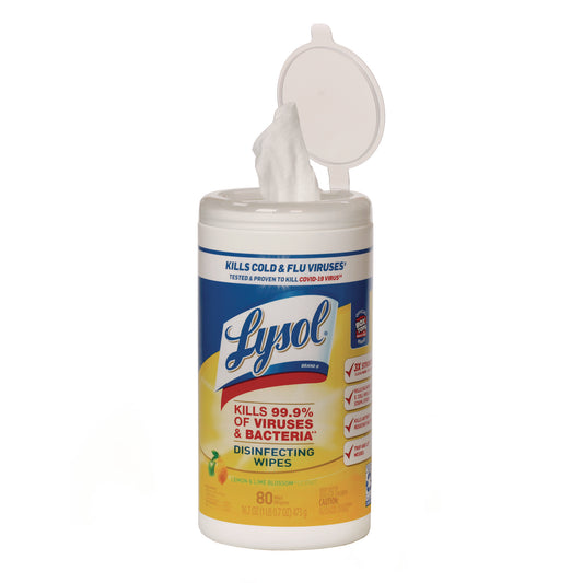 AbilityOne 6840017010407, SKILCRAFT Lysol Disinfecting Wipes, 1-Ply, 7 x 7.25, Lemon-Lime, White, 80/Canister, 6 Canisters/Carton